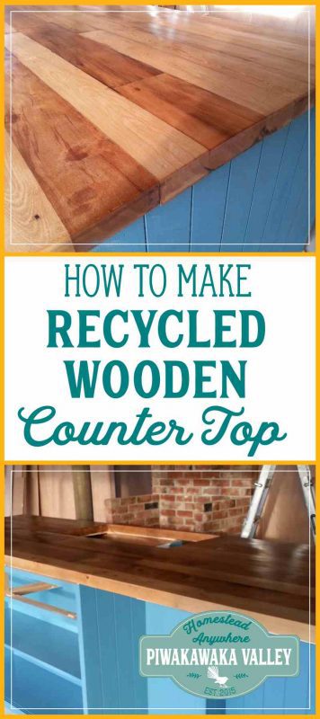 To save money building our house we built a recycled wooden countertop for our kitchen bench. These DIY instructions will show you how to make your own wooden counter. #diy #frugal #reno #kitchen