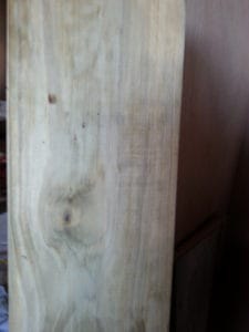 Then I slathered it in a good coat of the trusty Iron Acetate to start the aging of the timber. You can see how even after 10 minutes it is a light grey aged colour. Check out our post on making aged shelves to get the recipe for Iron Acetate – it is down the bottom of the post.