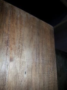 Then I slathered it in a good coat of the trusty Iron Acetate to start the aging of the timber. You can see how even after 10 minutes it is a light grey aged colour. Check out our post on making aged shelves to get the recipe for Iron Acetate – it is down the bottom of the post.